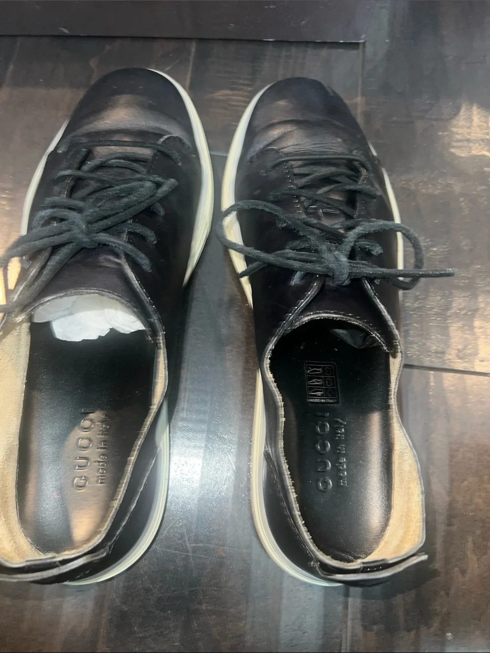 Authentic Gucci Black Leather Low-Top Sneakers with White Sole